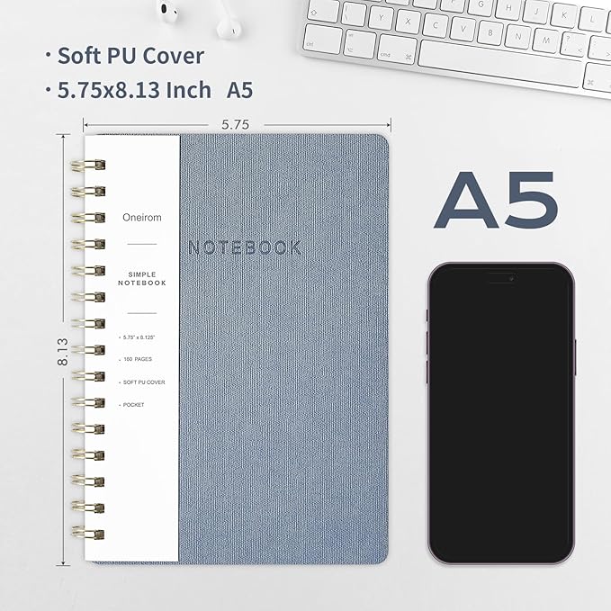 Spiral Notebook-5.75" x 8.125" College Ruled Journal with Inner Pockets and 160 Pages,PU Leather Cover Business Journal, Twin-Wire Binding Notebook Perfect for Office & Home School Supplies 3 pack Reefblue