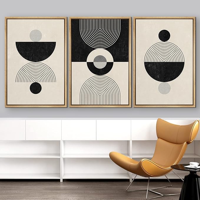 IDEA4WALL Framed Canvas Print Wall Art Set Geometric Black Tan Stripe Polygon Landscape Abstract Shapes Illustrations Modern Art Decorative Nordic for Living Room, Bedroom, Office - 24"x36"x3 Natural