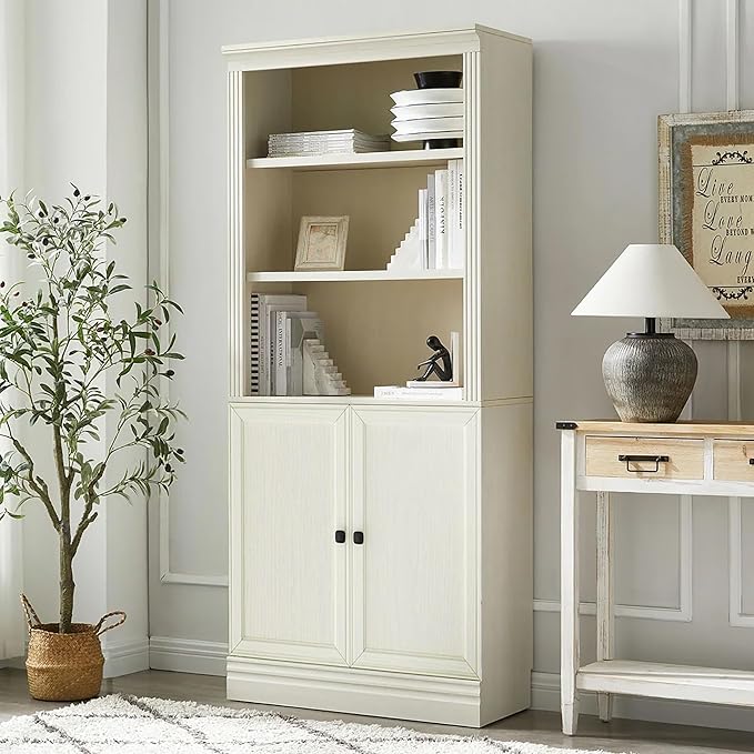 JAHRSTIM Halston Standard with Doors Bookshelves and Bookcase Floor Standing 5 Tier Adjustable Shelves Organizer and Storage, 72in Tall Bookshelf for Home Office, Living Room, Bed Room, Kitchen, Cream