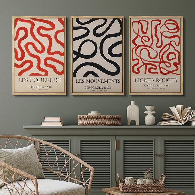 SIGNFORD Framed Wall Art Print Set French Modern Abstract Line Red and Black Curved Shapes Digital Art Modern Art Contemporary for Living Room, Bedroom, Office - 16"x24"x3 NATURAL