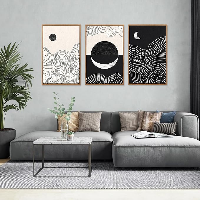 CHDITB Abstract Moon Phases Framed Canvas Art Prints Set(16"x24"), 3 Panels Modern Neutral Black and White Artwork Painting, Large Boho Minimalist Fine Line Wall Art Home Decor for Bedroom Living Room