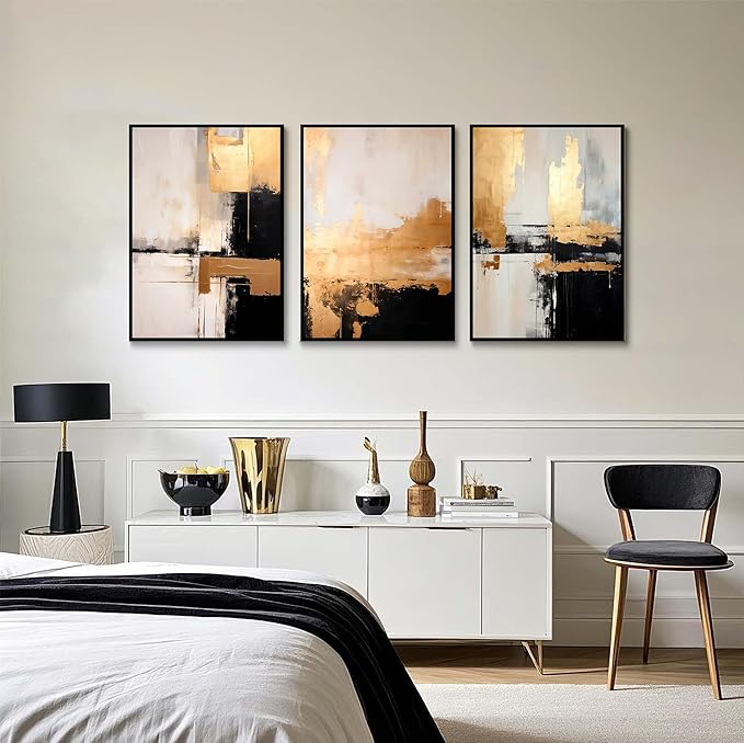 3Pcs Black Gold Abstract Wall Art Large Modern Minimalist Posters Prints Grey And Gold Graffiti Pictures And Paintings Neutral Art for Living Room Bedroom Bathroom Office Decorations Unframed