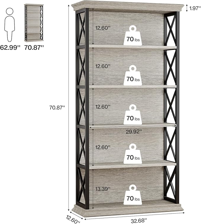 Tribesigns 6-Tier Bookcase Set of 2, 71 Inches Industrial Bookshelves and Bookcases, Floor Standing 5 Shelf Display Storage Shelves Tall Bookcase for Home Office, Living Room, Bed Room, Grey