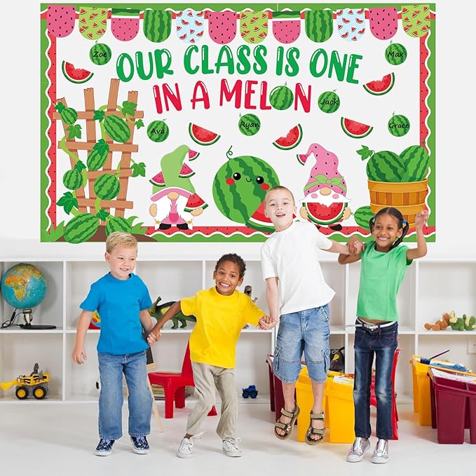 gisgfim Watermelon Bulletin Board Decorations Set Our Class is One in a Melon Classroom Paper Cutouts Welcome Back to School Melon Gnome Bulletin Board Decor for Summer Nursery Door Chalkboard Wall