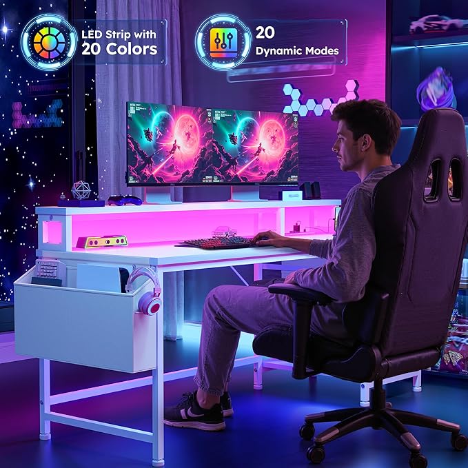 55" Gaming Desk with LED Strip, Computer Desk with Drawers & Storage Bag, Office Desks with Power Outlets & Monitor Stand, Office Desk for Bedroom, Gaming Room, White