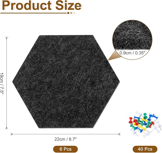 uxcell 6 Pcs Hexagon Felt Pin Board with 40 Pcs Pushpins 8.7" x 7.5" Self Adhesive Felt Bulletin Board Cork Boards for Walls Decorations Paste Notes Photos Schedules, Black
