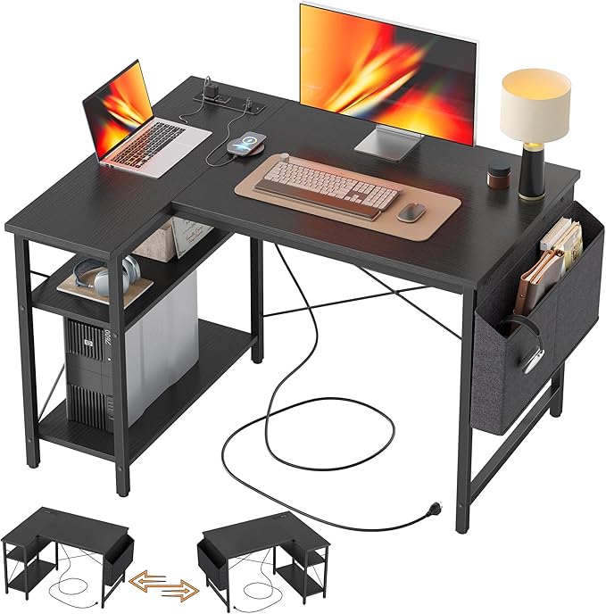 TIQLAB Small L Shaped Desk with Power Outlets - 40 inch Gaming Corner Computer Desk Writing Table, Reversible Large Storage Shelves, Bookshelf Workstation for Study Play Work Home Office, Black