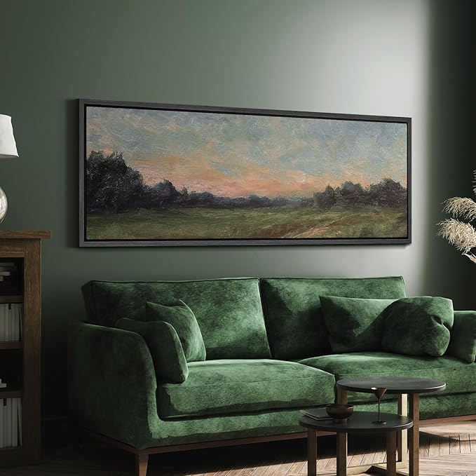 SIGNFORD Large Framed Canvas Quiet Green Field at Dusk Illustrations Modern Art Calm Warm for Living Room, Bedroom, Office - 60"x20"