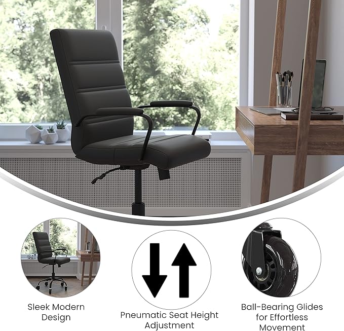 Flash Furniture Camilia Mid-Back Black LeatherSoft Executive Swivel Office Chair with Black Frame, Arms, and Transparent Roller Wheels