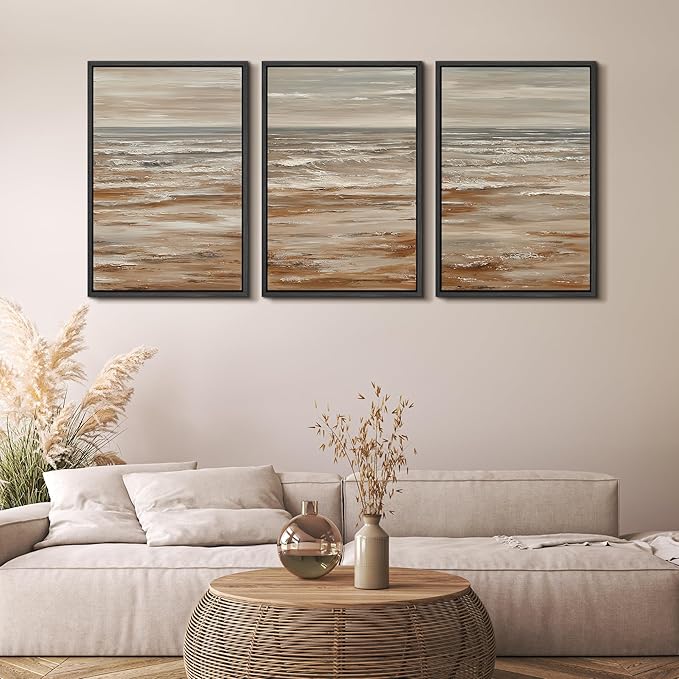 MUDECOR Framed Wall Art Print Set Neutral Coastal Seascape Minimalist Ocean Waves and Sandy Shore Illustrations Modern Art Boho Decorative for Living Room, Bedroom, Office - 16"x24"x3 BLACK