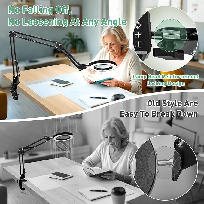 12X Magnifying Glass with Light, Ultra Long 3 Section Swing Arm LED Desk Lamp with Large Clamp, 5 Color and Brightness Magnifier Light Stand for Reading Painting(12X 35in Circular Button Clamp)