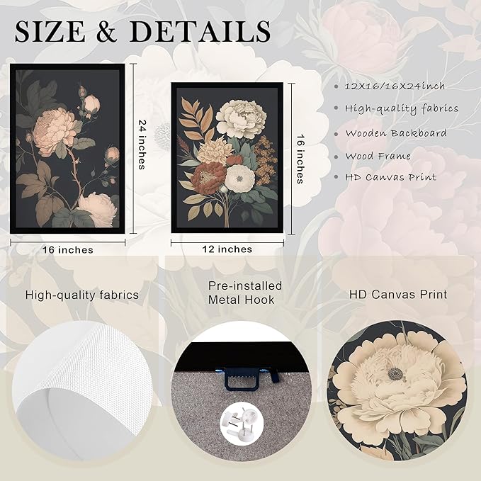 Krtoni 3PCS Framed Vintage Flower Wall Art, Rustic Farmhouse Dark Peony Floral Wall Decor, Retro Plants Aesthetic Painting Prints, Flower Botanical Artwork for Living Room Bedroom Bathroom 12W x 16H
