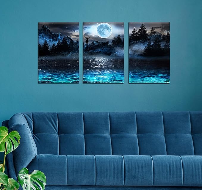 Aburaeart Moon - Deer Ocean Landscape Picture Wall Art For Living Room & Bedroom - 3 Piece Canvas Wall Decor - 16x24 Each Panel