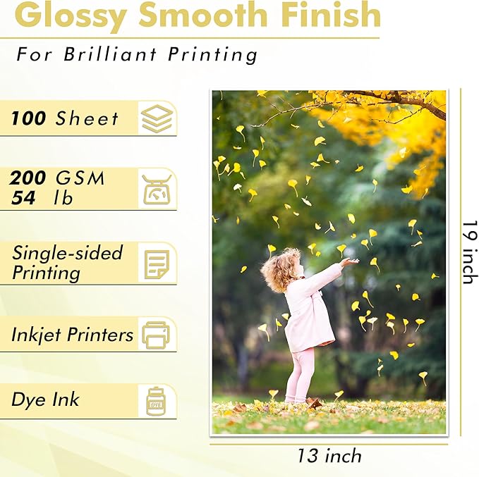 Koala Glossy Inkjet Photo Paper Thick 13X19 Inches 100 Sheets 54lb Picture Paper for Inkjet Printer Use DYE INK 200gsm