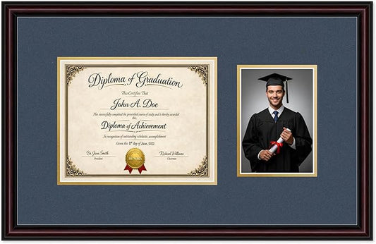 Diploma Frame With Photo Opening Executive Brown Navy Blue Over Gold Mat - Fits 10 x 8 Degree and Picture Made in the USA