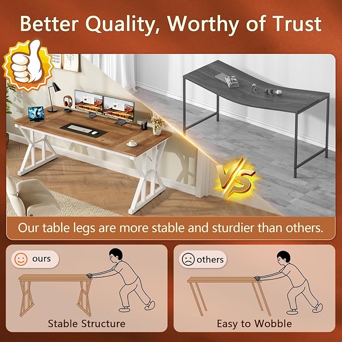 TVU Computer Desk, 55 inch Large Office Desk, Study Writing Table with Thicken Frame, Gaming Desk, Modern Simple Desk for Home Office, Brown