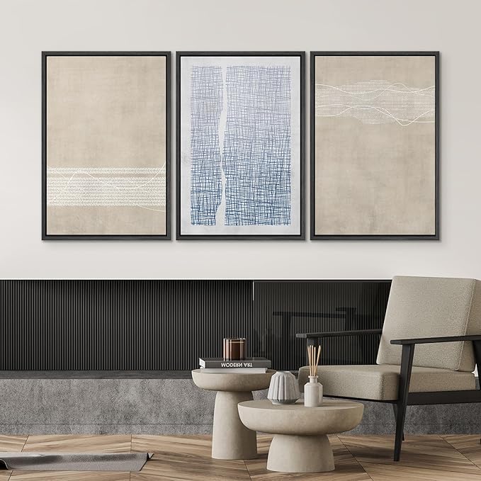 SIGNWIN Framed Canvas Print Wall Art Set Tan Blue Geometric Landscape Abstract Shapes Cozy Neutral Modern Art Decorative Boho Relax Nordic for Living Room, Bedroom, Office - 24"x36"x3 Black