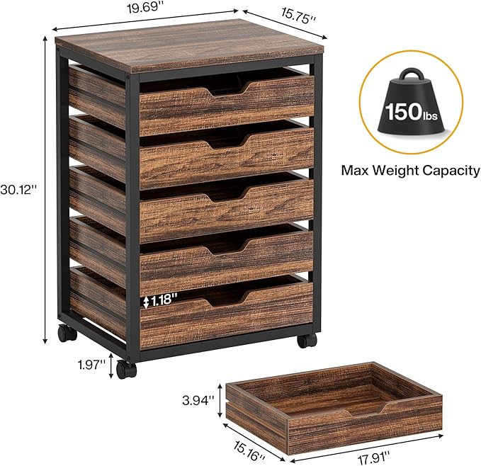 Tribesigns 5-Drawer File Cabinet, Wood Mobile Storage Drawer Unit, Industrial Office Cabinet with Drawers & Wheels, Rolling Printer Stand for Home Office (Rustic Brown)