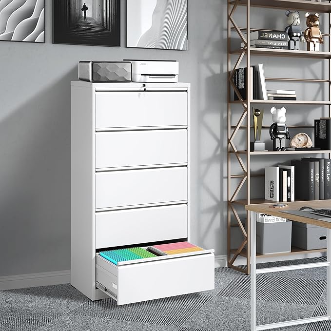 5 Drawer Metal Office Storage Filing Cabinet with Lock, White Lateral File Cabinet for Home Office, Horizontal Locking for Legal/Letter/A4, Assembly Required