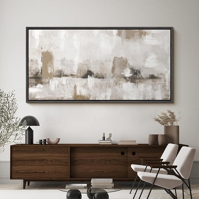 SIGNFORD Extra Large Framed Canvas Neutral Abstract Landscape in Earthy Tones Illustrations Modern Art Calm Warm for Living Room, Bedroom, Office - 60"x30"