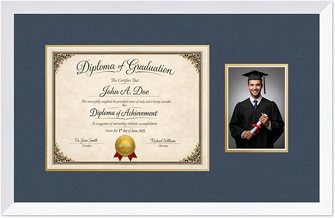 Diploma Frame With Photo Opening Bright White Navy Blue Over Gold Mat - Fits 13 x 10 Degree and Picture Made in the USA