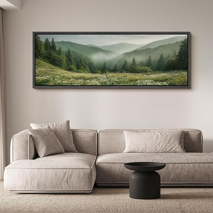 SIGNFORD Large Framed Canvas Print Wall Art Misty Green Valley Meadow Landscape Illustrations Modern Art Calm Warm for Living Room, Bedroom, Office - 60"x20"