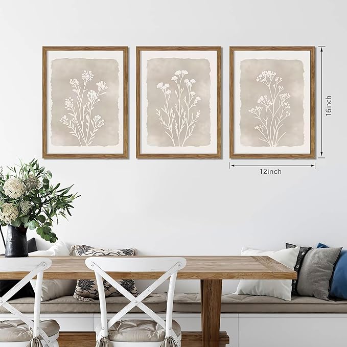 Framed Boho Botanical Flower Wall Art Set of 3, Vintage Minimalist Neutral Floral Wall Decor Paintings, Rustic Farmhouse Wildflower Artwork Prints Picture for Living Room Bedroom Bathroom 12x16 Inch