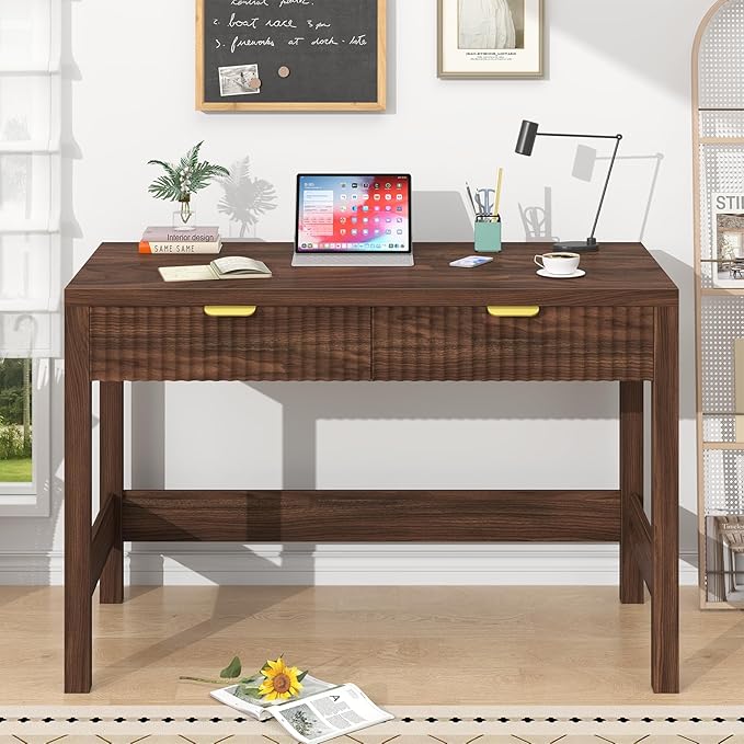 Fluted Computer Desk with 2 Drawers, 39 Inch Small Computer Desk with Storage, Compact Writing Study Desk for Small Spaces, Walnut