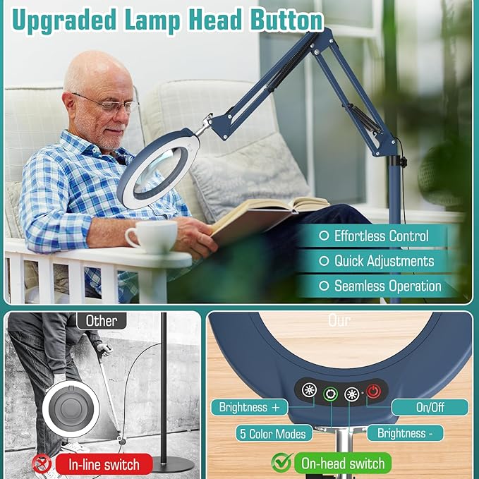 10X Magnifying Glass with Light and Stand, Real Glass Lens (Not Acrylic), 5 Color Modes, Stepless Dimmable, LED 3-in-1 Floor Lamp, Swing Arm with Clamp, Lighted Magnifier Hands Free for Crafts - Blue