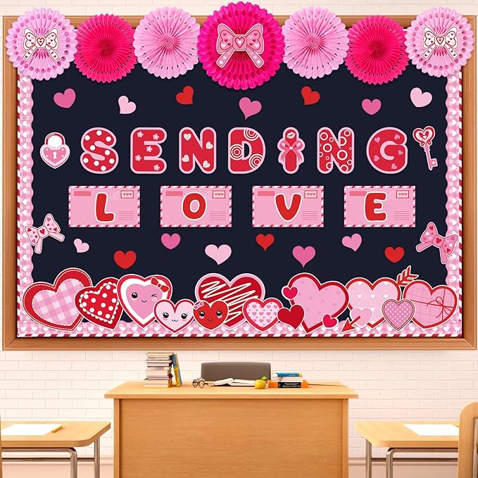 Valentine's Day Bulletin Board Set Sending Love Classroom Decorations Pink and Red Mail Romantic Heart Cutouts with Paper Fans for Door Wall Decor Holiday Wedding Birthday Party Display
