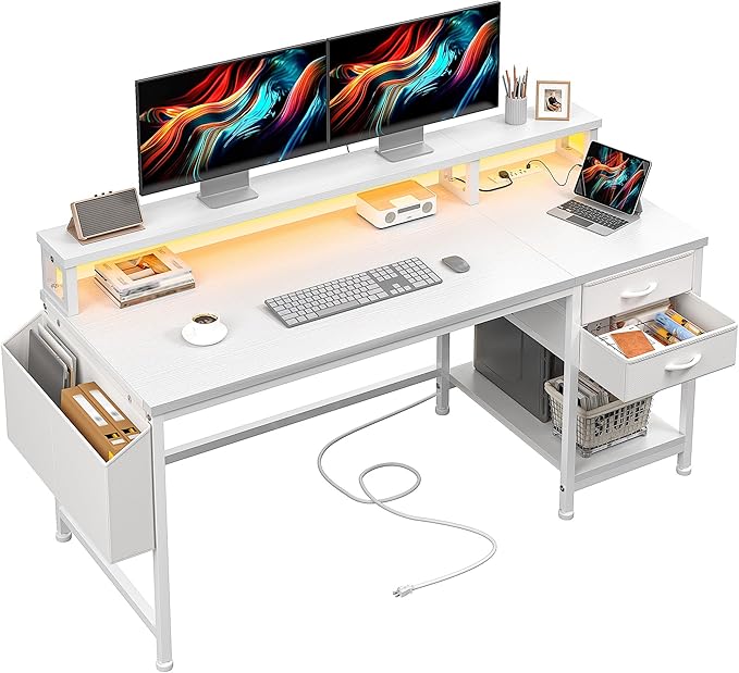 48" Computer Desk with LED Strip, Gaming Desk with Drawers & Storage Bag, Office Desk with Power Outlets & Monitor Stand, Home Office Desks for Bedroom, Gaming Room, White
