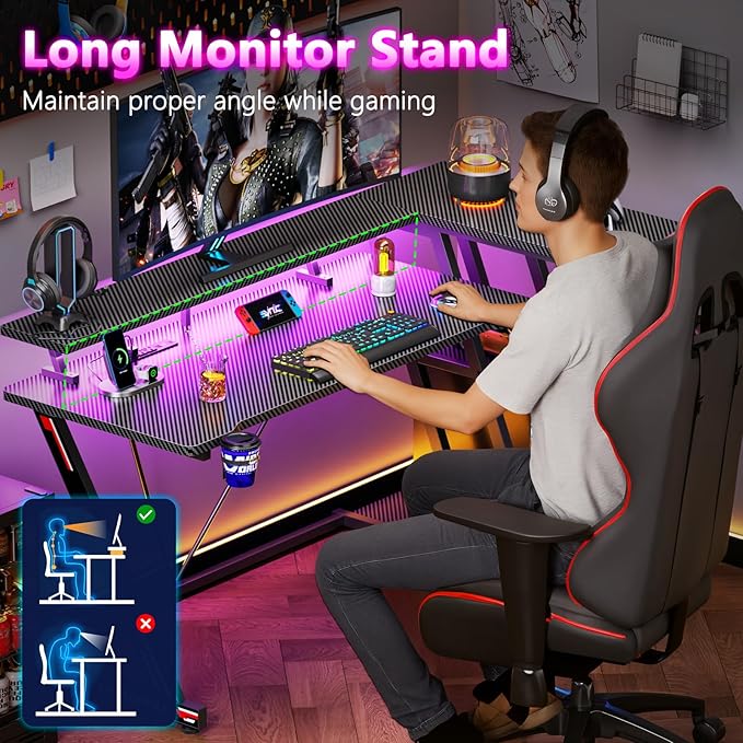 40 Inch Gaming Desk with Power Outlet & LED Lights, L Shaped Computer Gaming Table with 3 Tiers Storage Shelves, Corner Gamer Desk with Monitor Stand for Small Space, Carbon Fiber Black