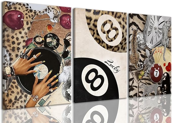 TUEASKY 3 Piece Canvas Wall Art Cheetah Wall Decor Y2K Pictures Vinyl Record Paintings Leopard Prints Lucky 8 Ball Artwork for Bedroom Game Room Bar Party