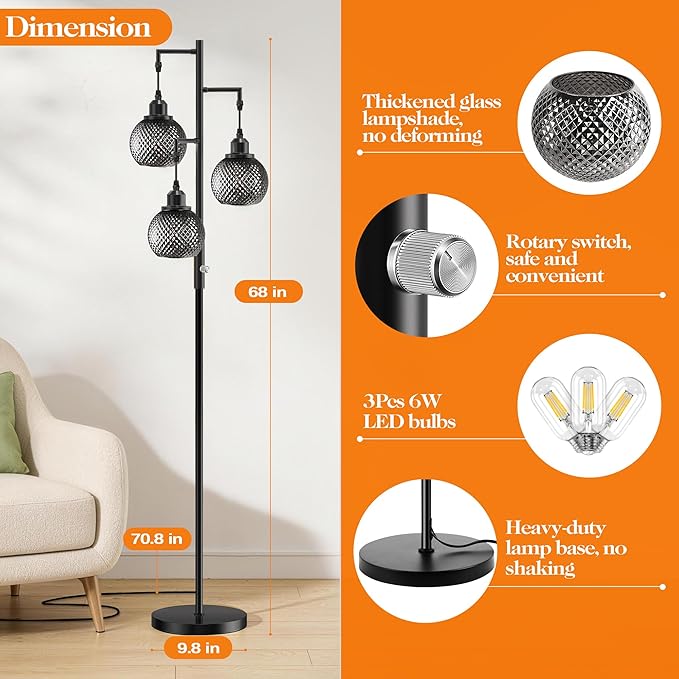QiMH Modern Floor Lamps for Living Room, Standing Lamp with 3 Lights, 68" Tall Lamp for Bedroom, Grey Vintage Glass Lamp with Stepless Dimmable for Home Decor, 3 LED Bulb Included, Black