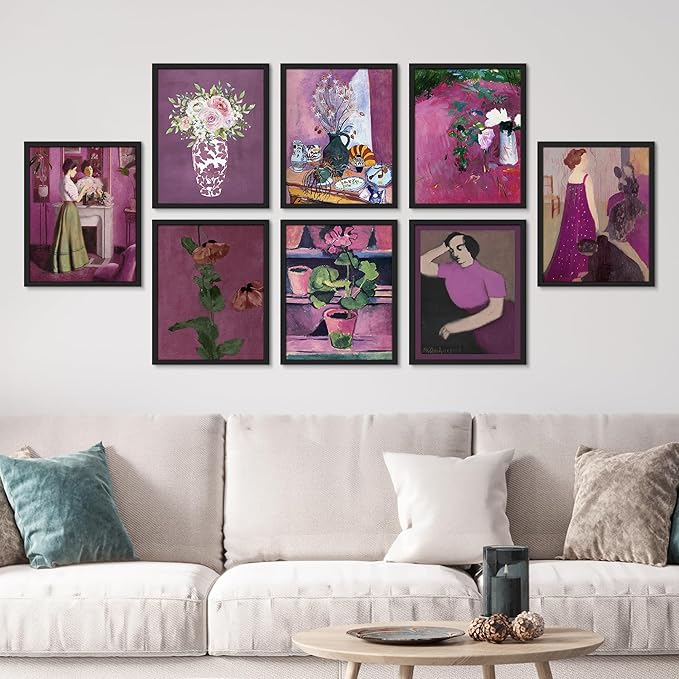 SIGNWIN Framed Poster Bathroom Decor 11"x14"x 8 Black, Wall Art Room Decor Multicolor for Living Room, Bedroom, Office Pink & Purple Female Portrait & Flowers Vintage Illustrations Bohemian