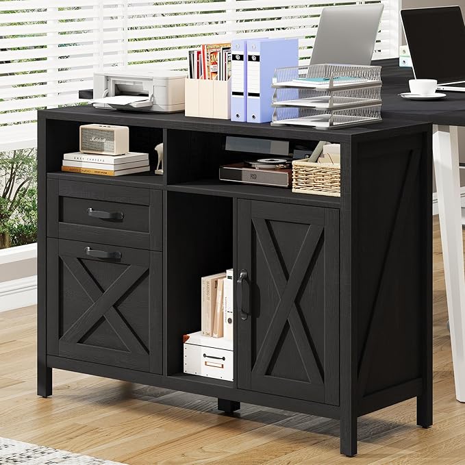 Farmhouse File Cabinet with Doors, Lateral Filing Cabinet with 2 Drawers for Letter/A4 Size Hanging Files, Large Wooden Printer Stand with Open Shelf for Home Office, Rustic Black