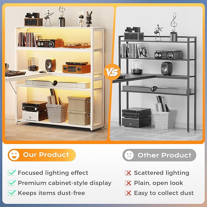 PRAISUN 57 Inch L Shaped Gaming Computer Desk with Larger Open Cabinet, Reverisble Office Desk with Power Outlets, LED Lights, Work Desk, Fabric Drawer, Adjustable Wood and Mesh Shelf, White