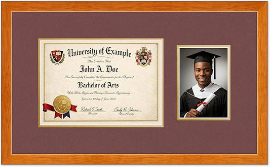 CountryArtHouse Fits 11.69 x 8.27 A4 Certificate and 5 x 7 Photo Diploma and Photo Frame Honey Oak Genuine Hardwood with Dark Red Over Metallic Gold Double mat