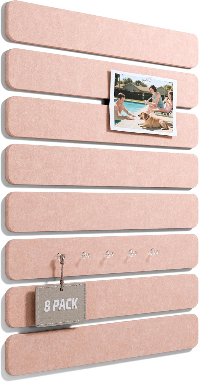 Fluxynara Cork Board Alternative Felt Strip Board 8-Pack 13"x2", Office Pin Board with 50 Push Pins, Adhesive Install for Bedroom Door & Home Office(Pink)