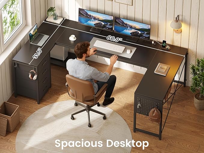 L Shaped Desk, 67" Reversible Computer Desk with 4 Fabric Drawers and Power Outlet, Corner U Shaped Desk with Shelf and Pegboard for Home Office, Black