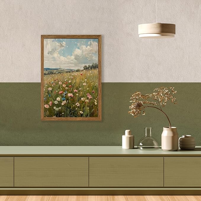 AVECCO Vintage Peaceful Wildflower Canvas Wall Art, Nature Floral Artwork Landscape Wall Decor, Colorfu Botanical Art Prints for Bedroom Living Room Office Home Decoration 16x24 Inches Wood Framed
