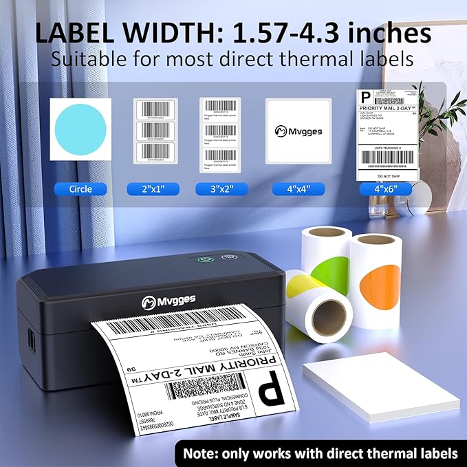 Mvgges Shipping Label Printer,Bluetooth 4x6 Thermal Label Printer for Small Business Office or Home, Compatible with Android, iOS, Windows and Mac, Widely Used for Amazon,USPS,Etsy