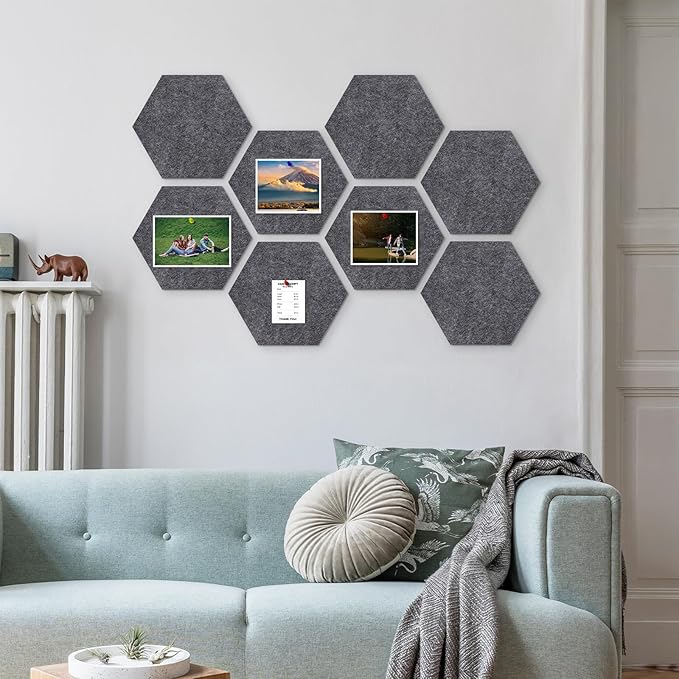 8-Pack Hexagon Felt Cork Board with 80 Push Pins, 1/2" Thick Felt Bulletin Pinboard with Adhesive Tabs, Geometric DIY Cork Board Wall Tiles for Home Office Classroom (Dark Grey)