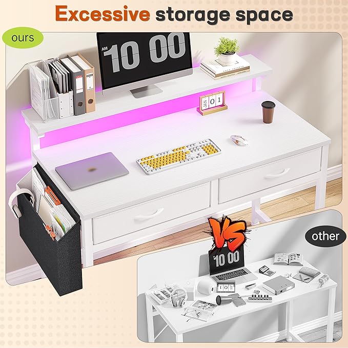 Computer Desk with 2 Drawers & LED Lights,31.5 Inch Home Office Desks with Side Pocket and Monitor Stand,Study Writing Table for Small Spaces,White