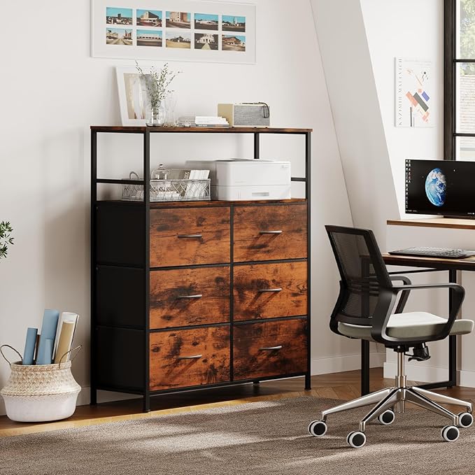 51" H Tall Mobile File Cabinet, Rolling Printer Stand with 6 Drawers, Adjustable Hanging Rails for A4/Letter/Legal Files, Fabric Vertical Filing Cabinet for Home Office, Rustic Brown