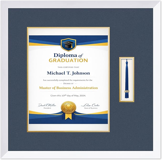 Diploma Frame with Tassel Holder Bright White Shadowbox Navy Blue Over Gold Mat - Fits 11 x 14 Degree Made in the USA