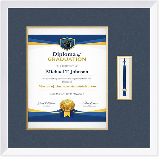 Diploma Frame with Tassel Holder Bright White Shadowbox Navy Blue Over Gold Mat - Fits 11 x 14 Degree Made in the USA