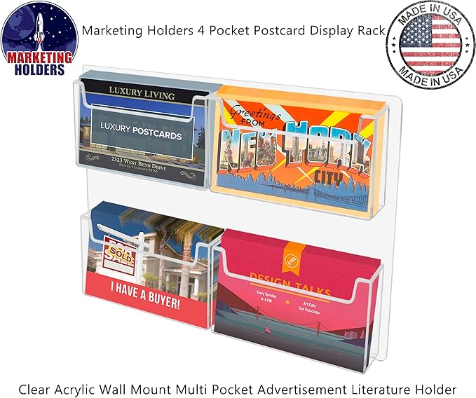 Marketing Holders Postcard Holder with Hanging Hardware 4 Slot Wall Mounting Clear Acrylic Multi-pocket for 6" x 4" Index Cards Organizer Rack Display Space Saver Hotels Motels
