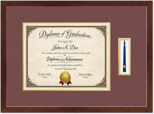Diploma Frame with Tassel Holder Rustic Walnut Shadowbox Dark Red Over Gold Mat - Fits 14 x 11 Degree Made in the USA