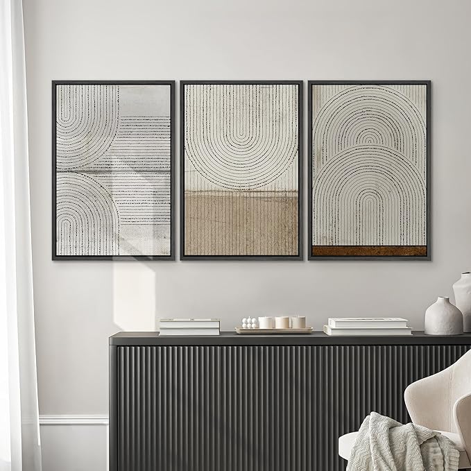 SIGNWIN Framed Canvas Print Wall Art Set Grunge Circle Polygon Collage Abstract Geometric Cozy Neutral Minimalism Modern Art Decorative Boho for Living Room, Bedroom, Office - 16"x24"x3 Black